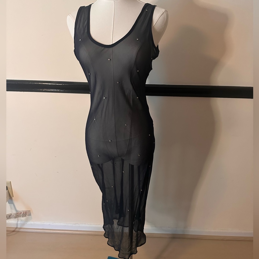 William B Sheer Rhinestone Mesh Midi Dress | Navy